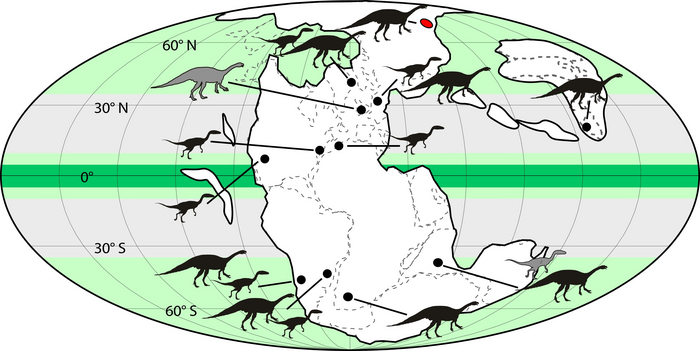 During the Triassic most of the continents were united in Pangea, but we have only found dinosaur fossils from high latitudes During the Triassic most of the continents were united in Pangea, but we have only found dinosaur fossils from high latitudes